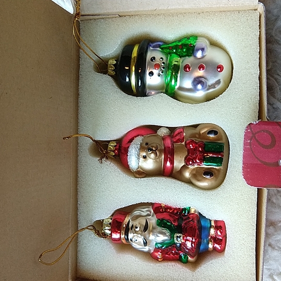 Vintage Avon Blown Glass Christmas Ornament Set Gift Box Snowman Bear Nutcracker - Picture 2 of 10